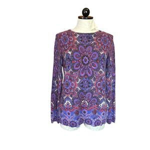 Talbots Pure Cashmere Sweater Womens Purple Red Paisley Medallion Crewneck Sz L